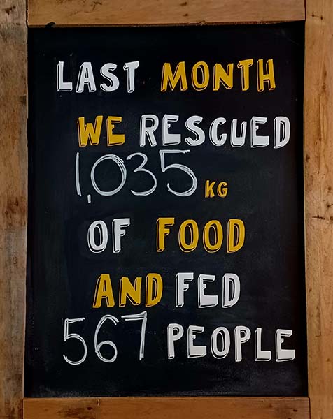 blackboard showing how much food we saved last month at cafe recharge in galashiels