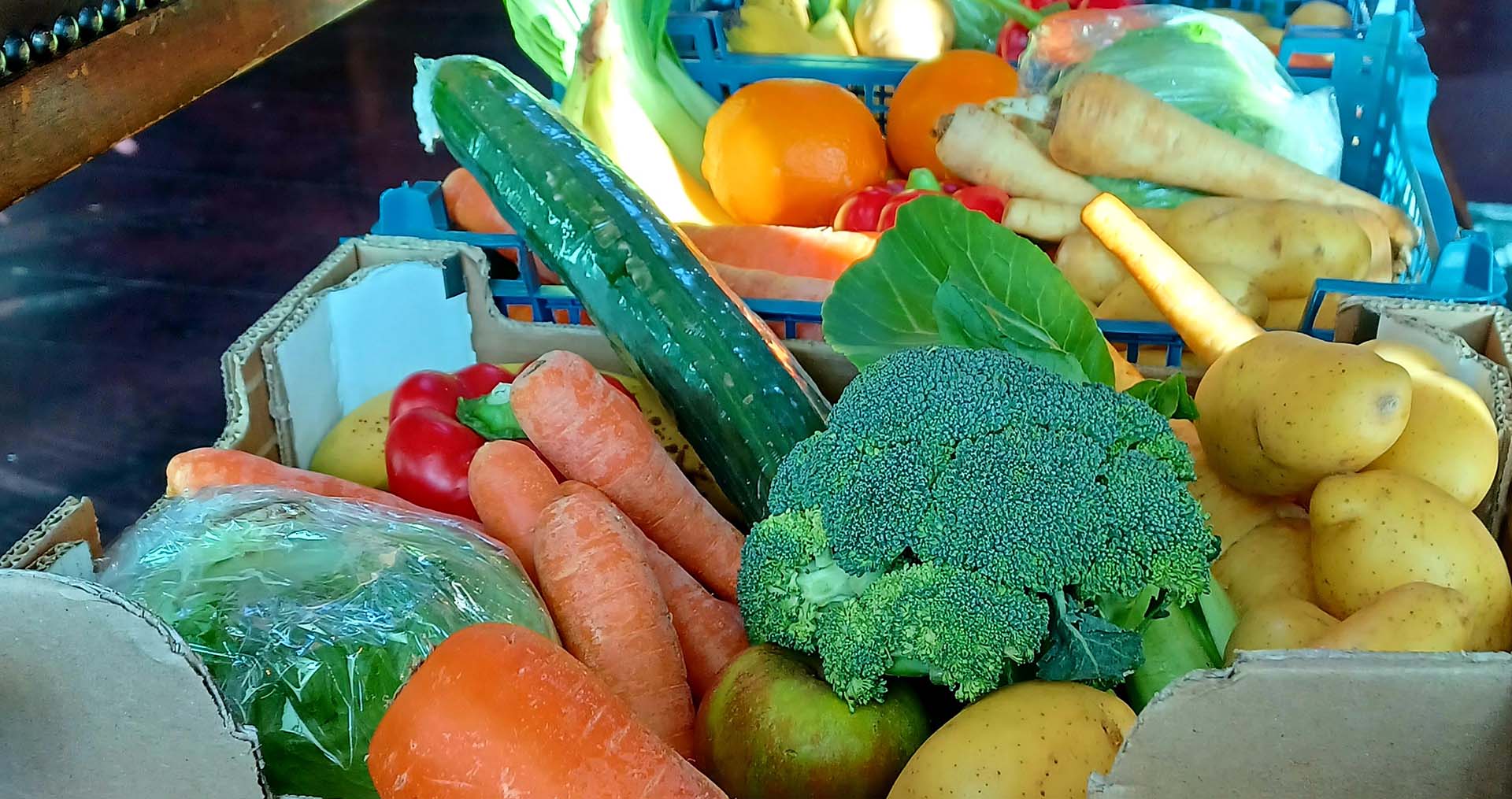 Surplus fruit and veg boxes at cafe recharge in galashiels