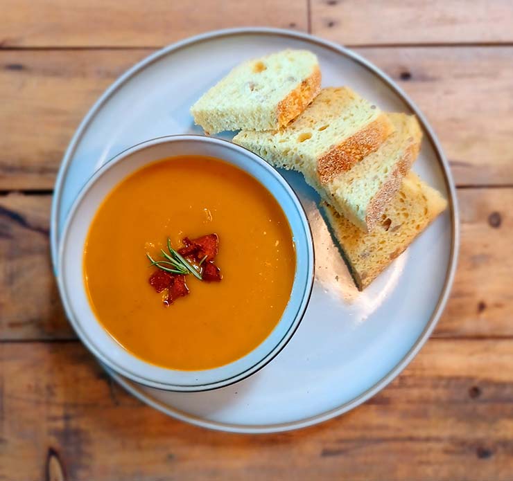 warming roasted red pepper and tomato soup at cafe recharge in galashiels