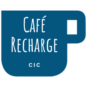 Cafe Recharge logo blue mug design