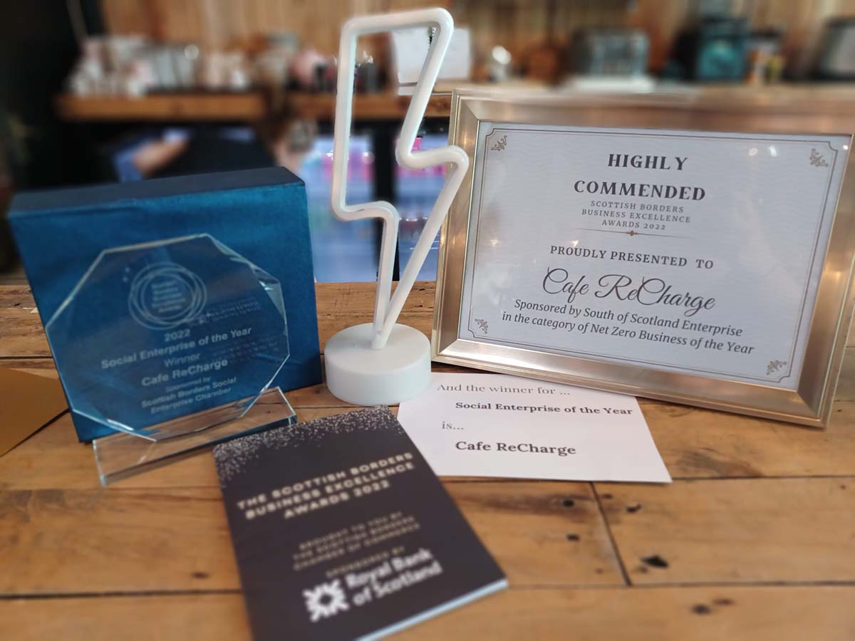 a selection of awards received by cafe recharge in galashiels