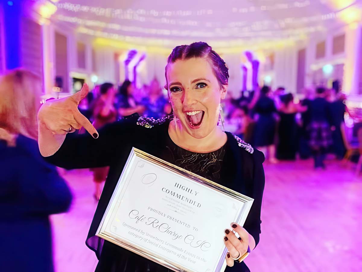 amy with highly commended award for cafe recharge in galashiels at scottish chamber of commerce business awards