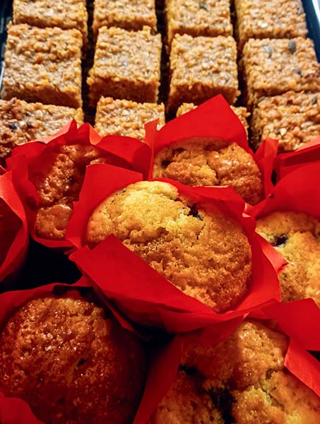 delicious home baked flap jacks and muffins for catering at cafe recharge in galashiels
