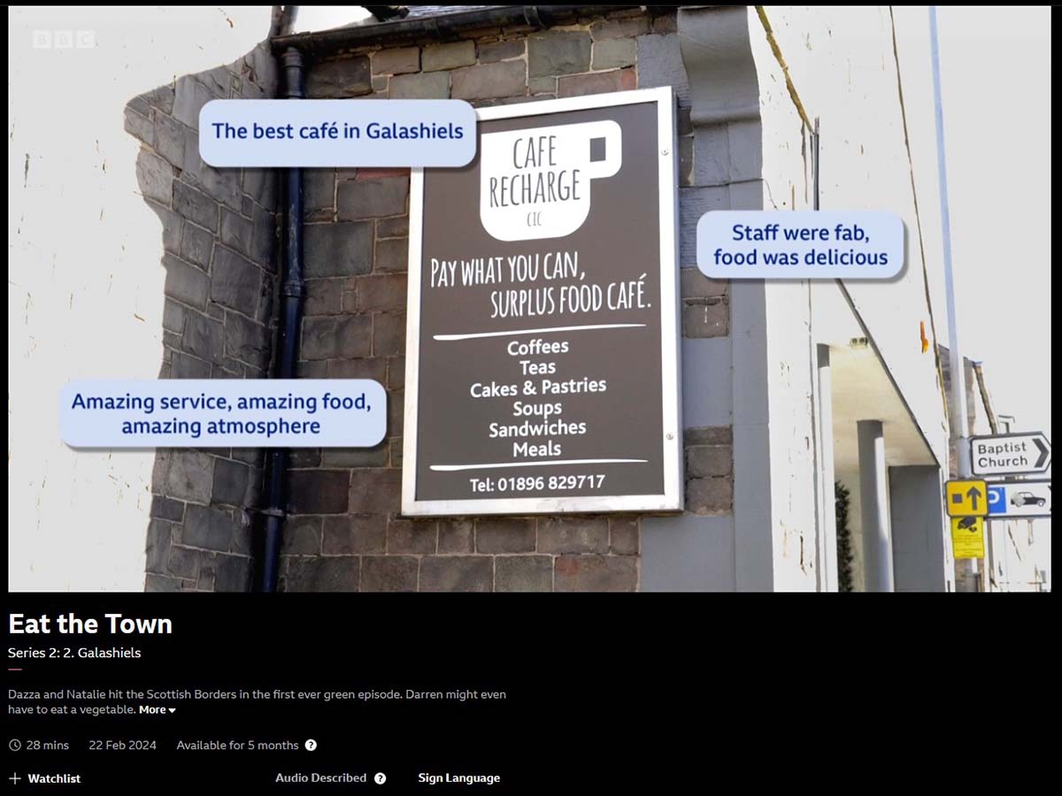 Eat the Town visit Galashiels green Cafe Recharge