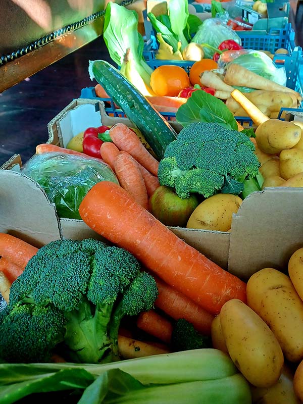 surplus fruit and veg boxes at cafe recharge in galashiels