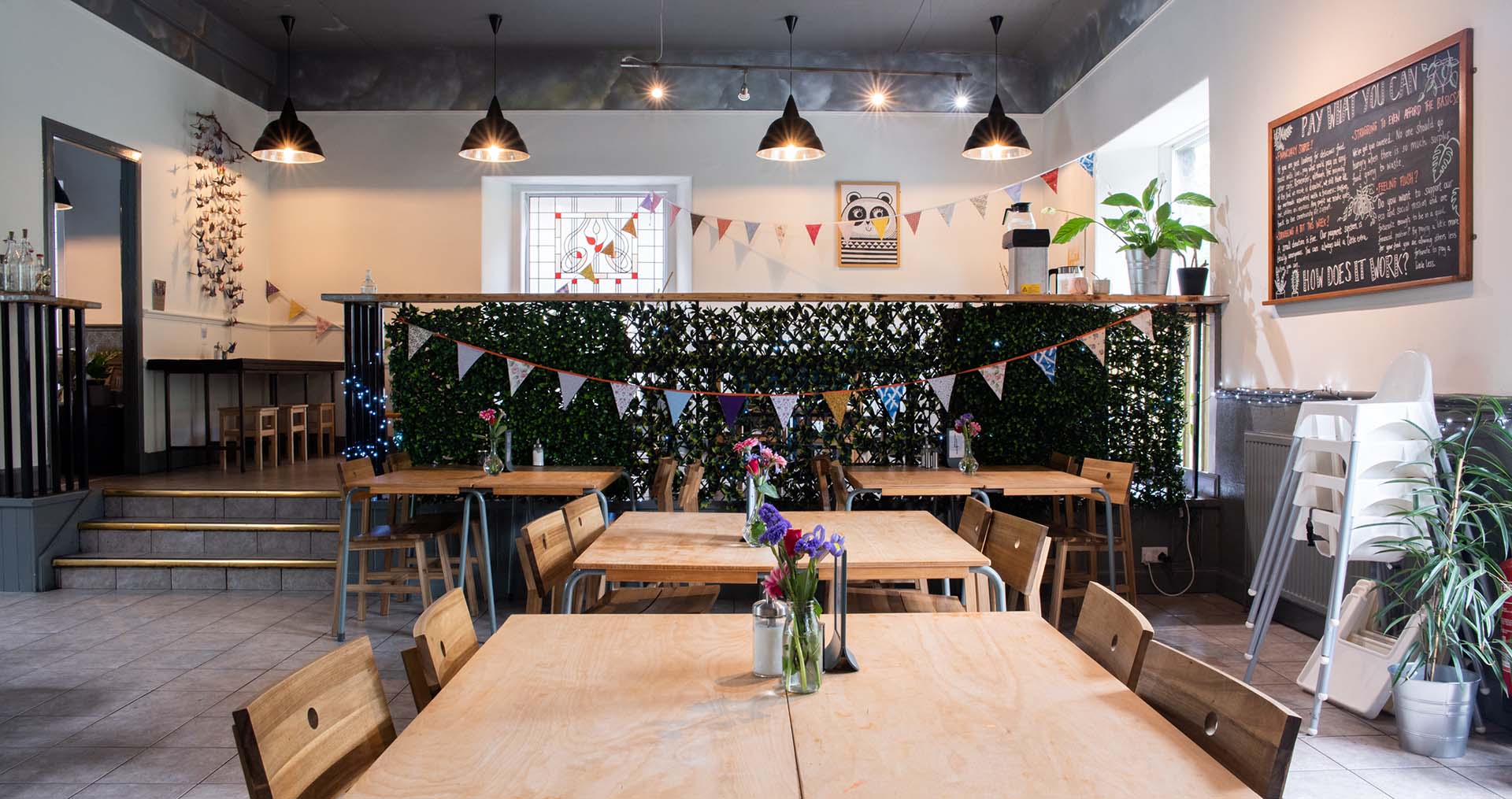tables and chairs in the interior of cafe recharge in galashiels kat gollock